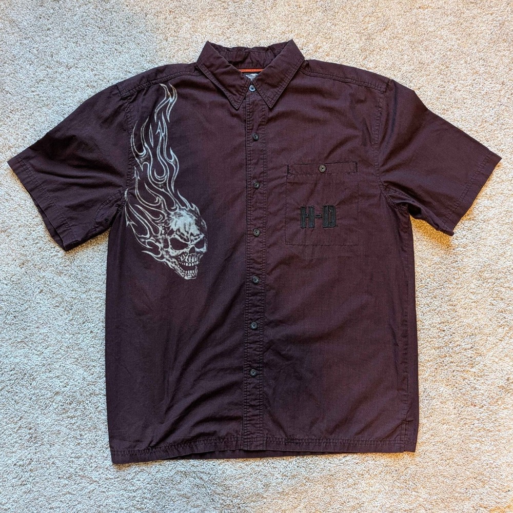 Y2K Harley-Davidson Shirt Mens Large Burgundy Flaming Skull